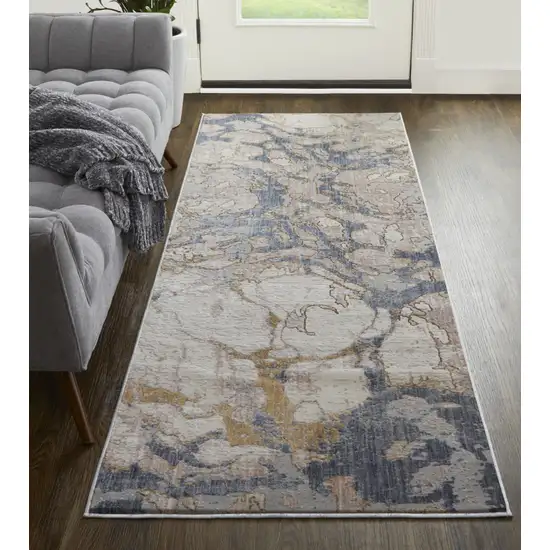 10' Tan And Blue Abstract Power Loom Distressed Runner Rug Photo 4