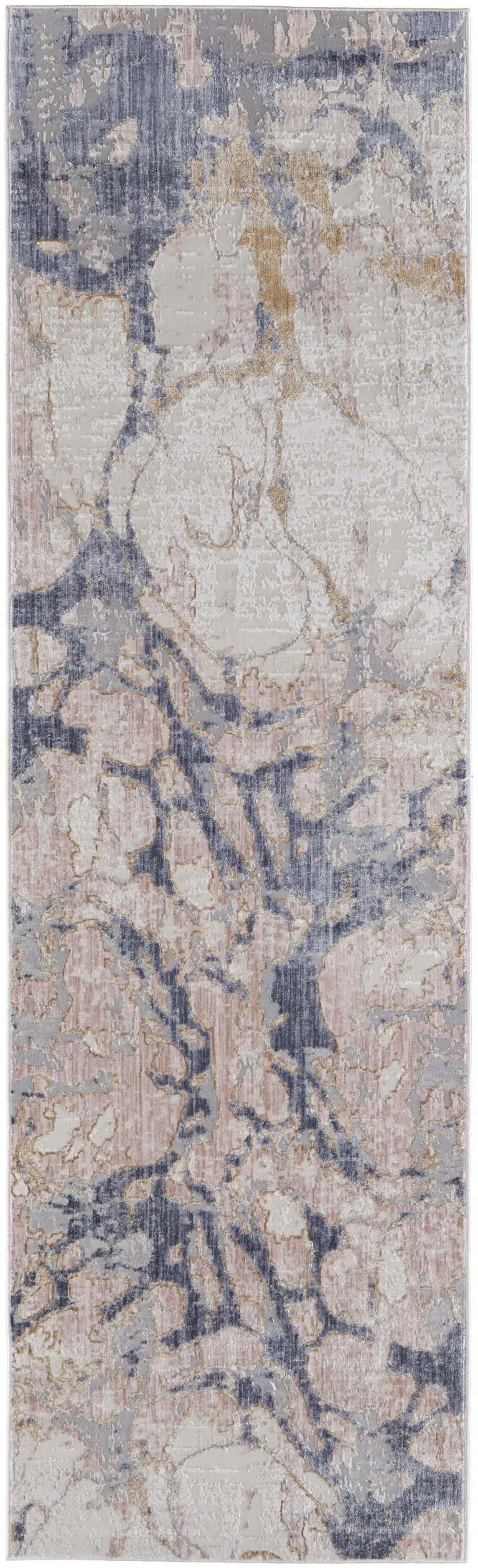 10' Tan And Blue Abstract Power Loom Distressed Runner Rug Photo 1