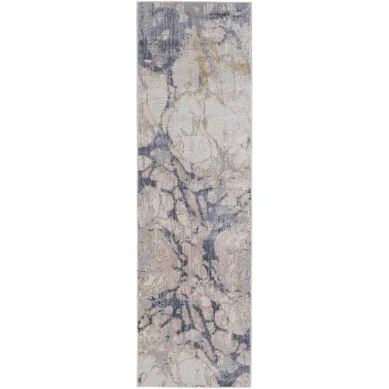 8' Tan And Blue Abstract Power Loom Distressed Runner Rug Photo 1