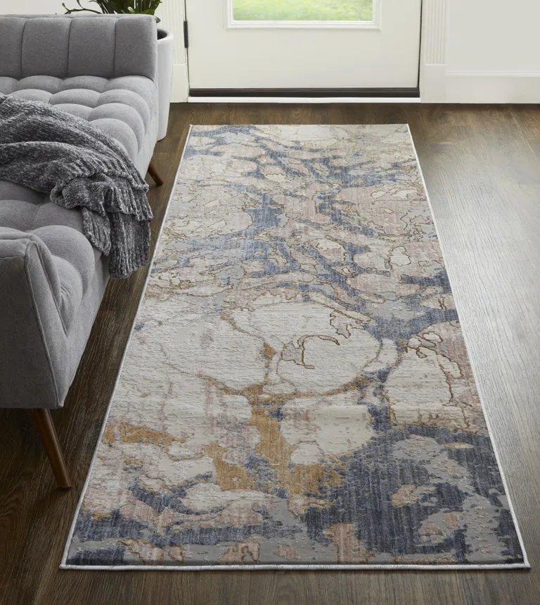 8' Tan And Blue Abstract Power Loom Distressed Runner Rug Photo 4