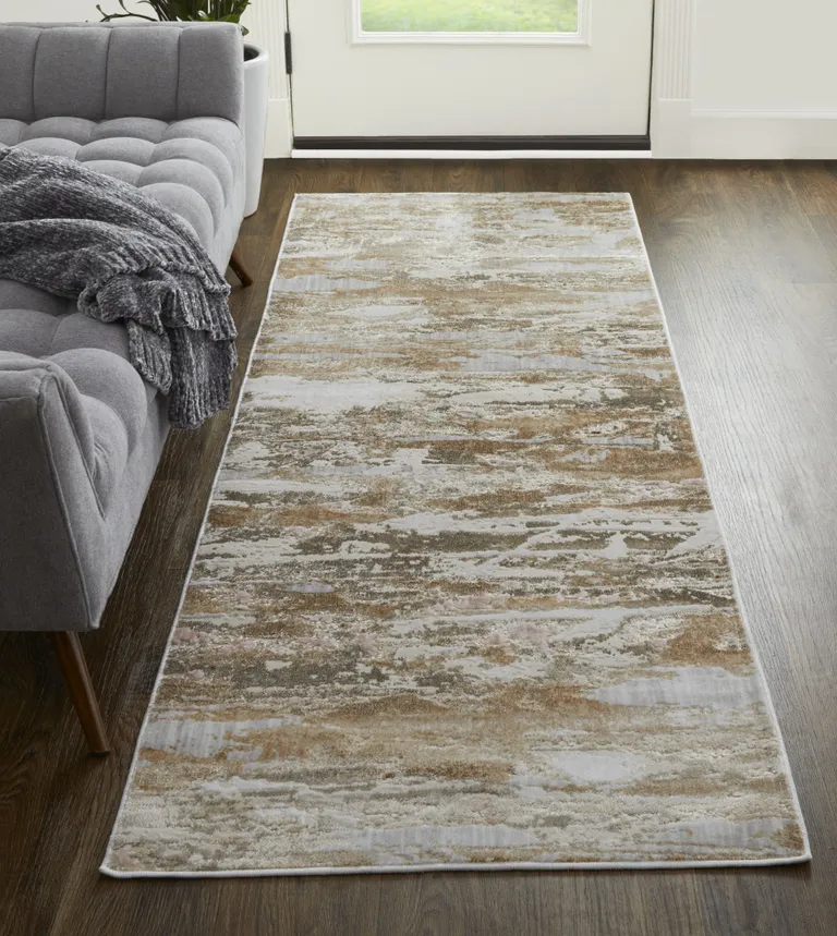 8' Tan And Ivory Abstract Power Loom Distressed Runner Rug Photo 4