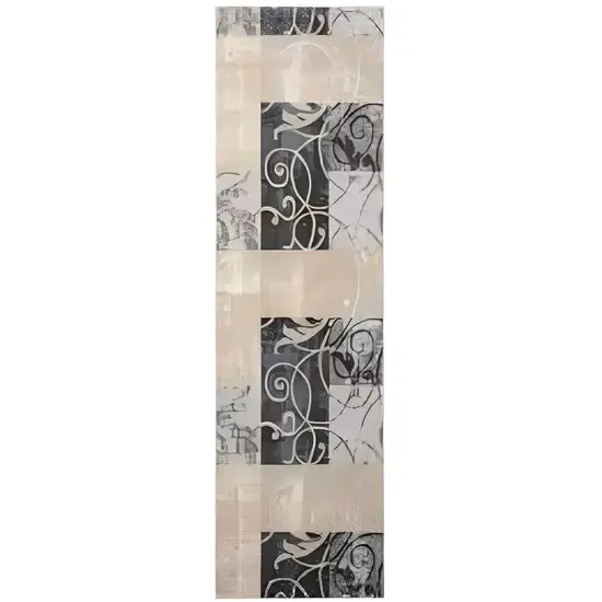 8' Tan Black and Ivory Floral Vines Non Skid Runner Rug Photo 1