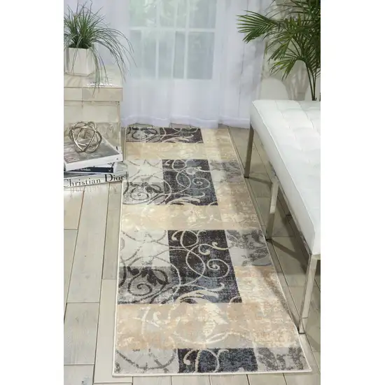 8' Tan Black and Ivory Floral Vines Non Skid Runner Rug Photo 7