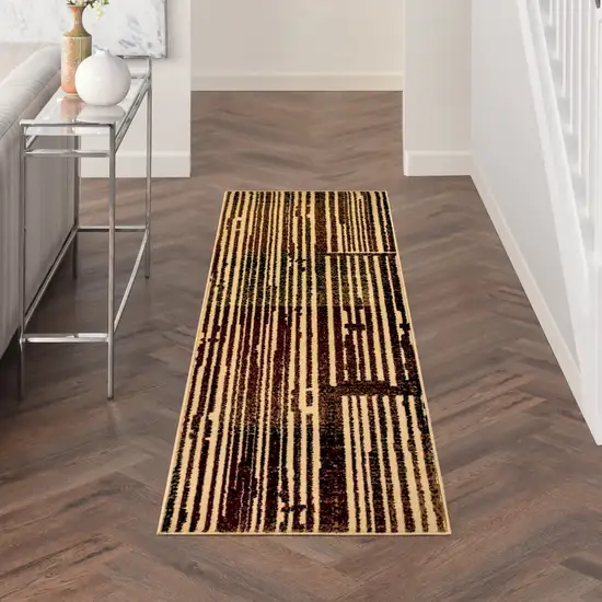 8' Tan Black and Red Striped Non Skid Runner Rug Photo 9