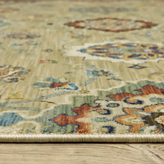 8' Tan Blue And Brown Floral Runner Rug With Fringe Photo 5