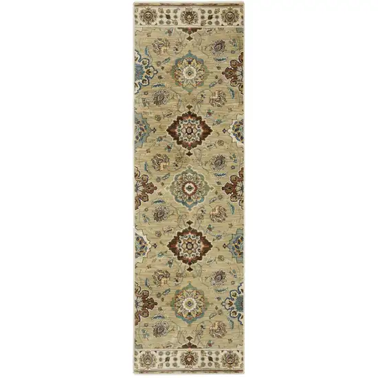 8' Tan Blue And Brown Floral Runner Rug With Fringe Photo 2