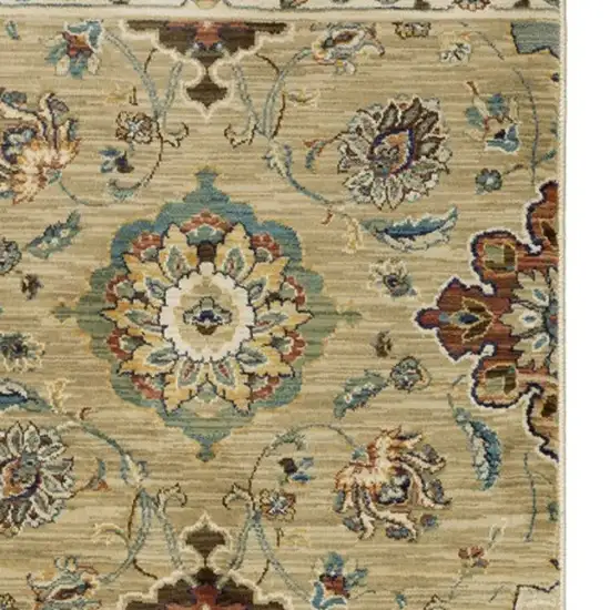 8' Tan Blue And Brown Floral Runner Rug With Fringe Photo 9