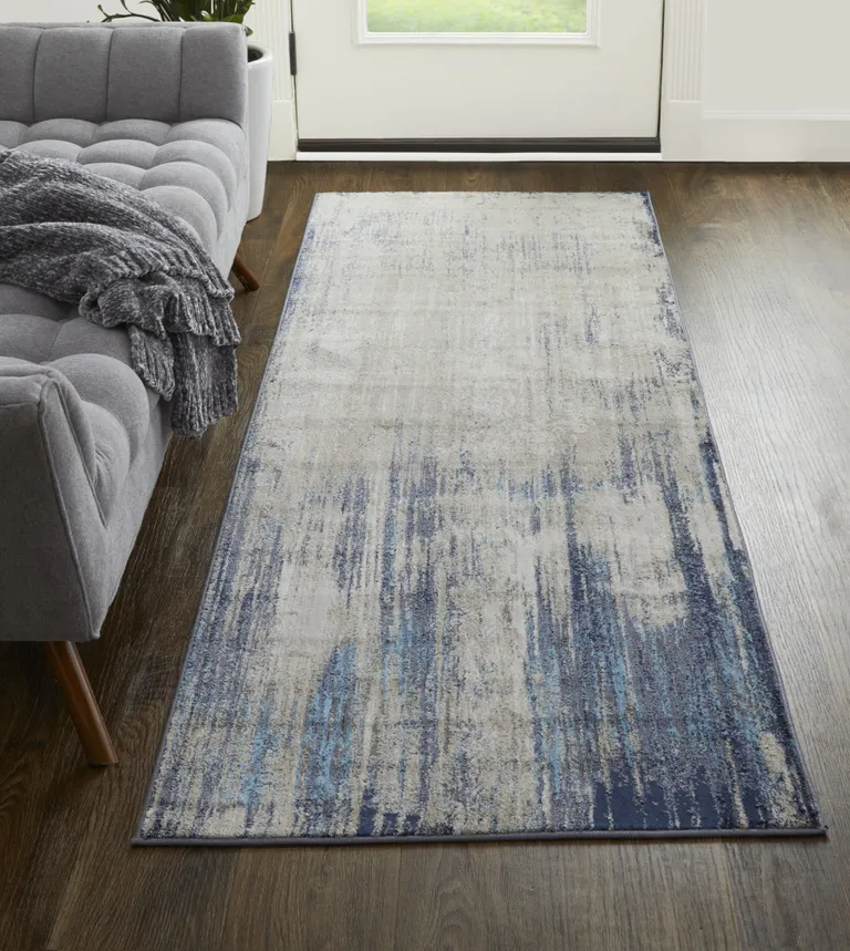 8' Tan Blue And Ivory Abstract Power Loom Distressed Runner Rug Photo 4