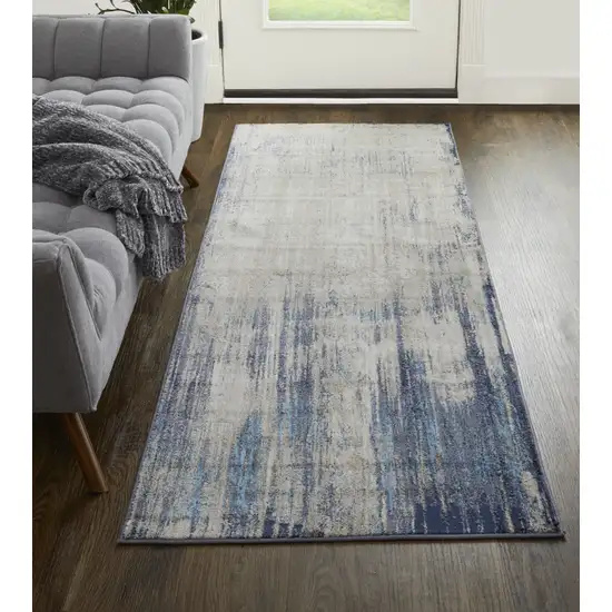 8' Tan Blue And Ivory Abstract Power Loom Distressed Runner Rug Photo 4