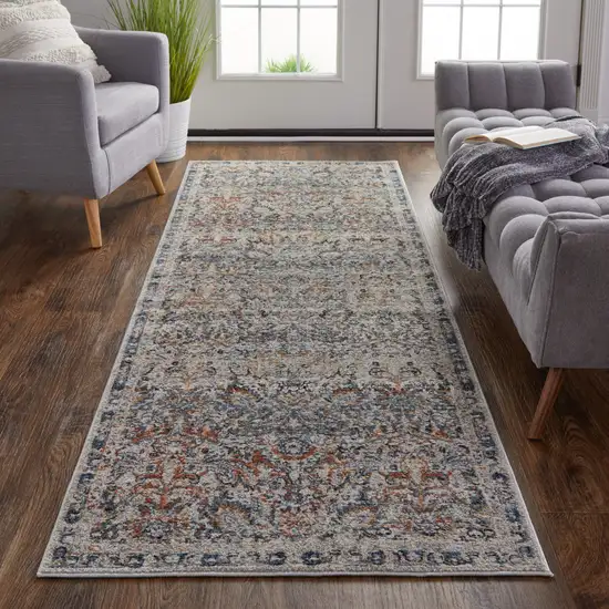 8' Tan Blue And Orange Floral Power Loom Distressed Runner Rug With Fringe Photo 4