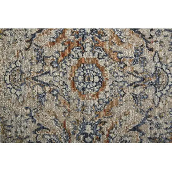 8' Tan Blue And Orange Floral Power Loom Distressed Runner Rug With Fringe Photo 6