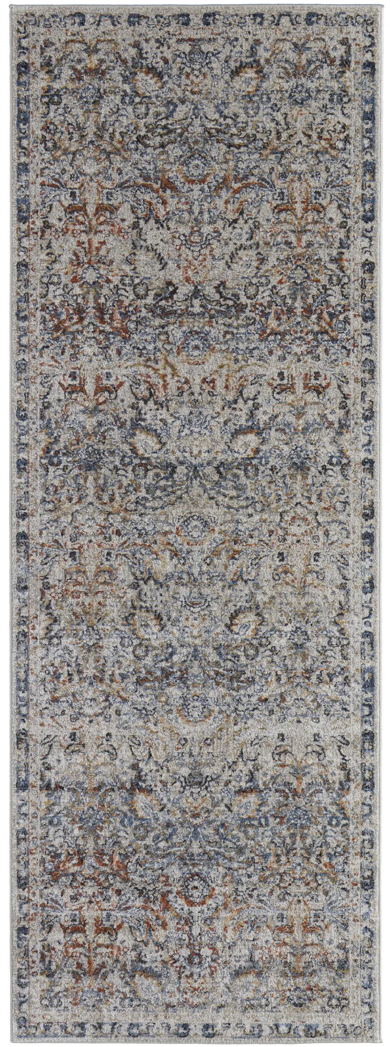 8' Tan Blue And Orange Floral Power Loom Distressed Runner Rug With Fringe Photo 1