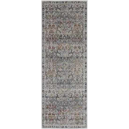 8' Tan Blue And Orange Floral Power Loom Distressed Runner Rug With Fringe Photo 1