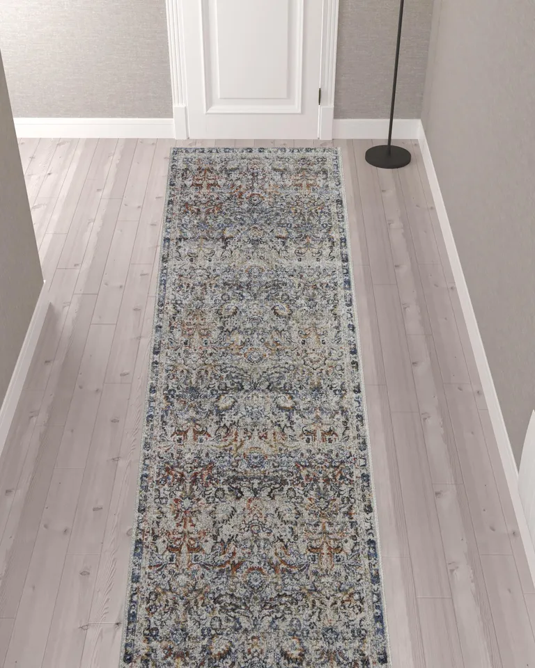 12' Tan Blue And Orange Floral Power Loom Distressed Runner Rug With Fringe Photo 2