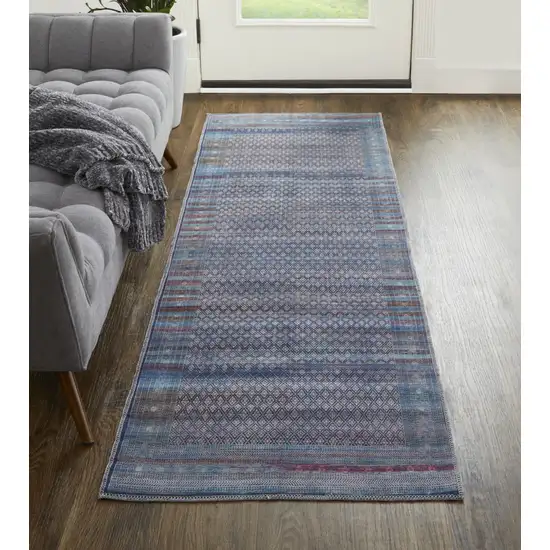 8' Tan Blue And Pink Striped Power Loom Runner Rug Photo 2