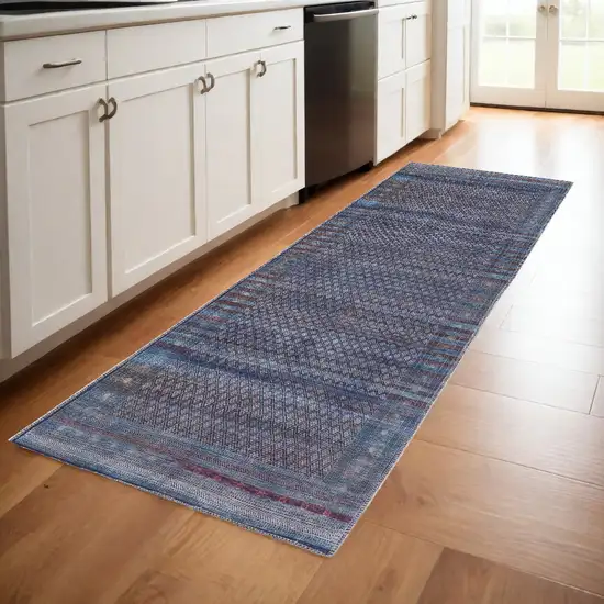 8' Tan Blue And Pink Striped Power Loom Runner Rug Photo 1