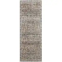 Photo of 10' Tan Blue and Brown Damask Power Loom Runner Rug With Fringe