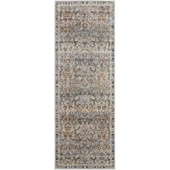 10' Tan Blue and Brown Damask Power Loom Runner Rug With Fringe Photo 2