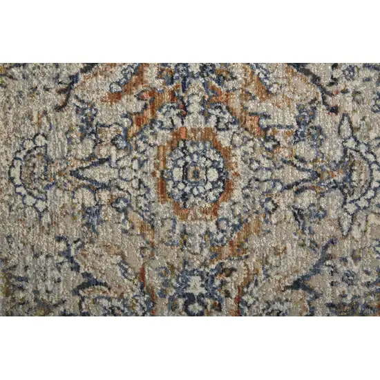 10' Tan Blue and Brown Damask Power Loom Runner Rug With Fringe Photo 8