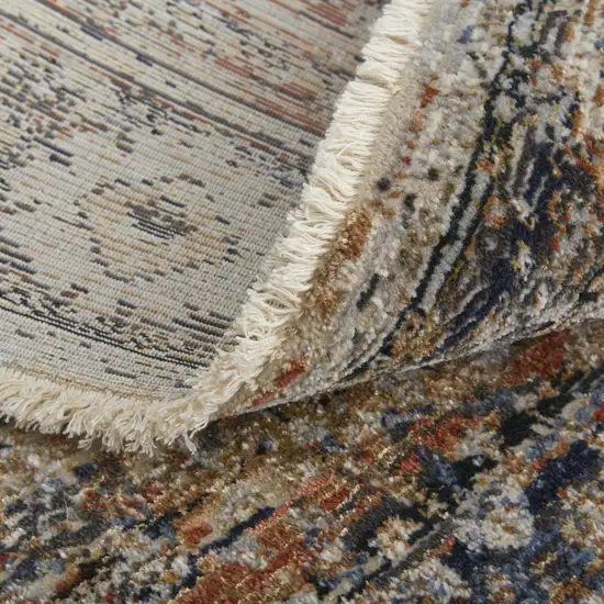 10' Tan Blue and Brown Oriental Power Loom Runner Rug With Fringe Photo 5