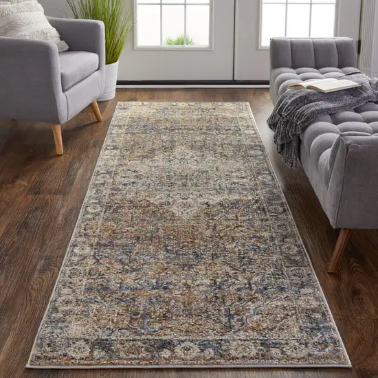 10' Tan Blue and Brown Oriental Power Loom Runner Rug With Fringe Photo 7