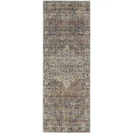 10' Tan Blue and Brown Oriental Power Loom Runner Rug With Fringe Photo 2