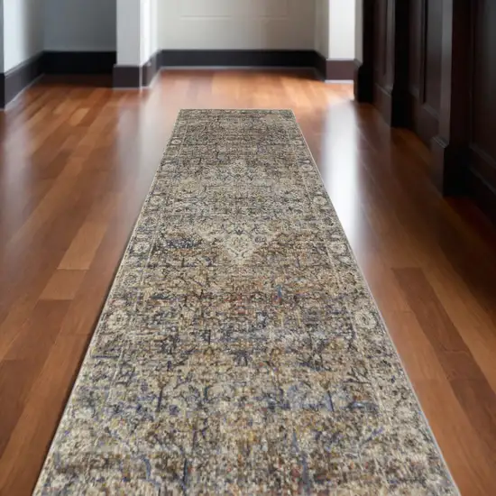 12' Tan Blue and Brown Oriental Power Loom Runner Rug With Fringe Photo 1