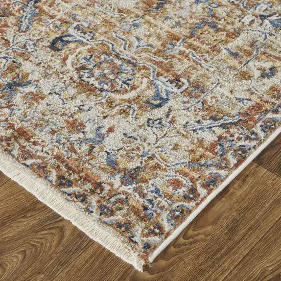 10' Tan Blue and Brown Oriental Power Loom Worn Faded Runner Rug With Fringe Photo 4