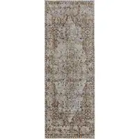 Photo of 10' Tan Blue and Brown Oriental Power Loom Worn Faded Runner Rug With Fringe