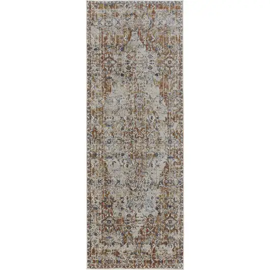 10' Tan Blue and Brown Oriental Power Loom Worn Faded Runner Rug With Fringe Photo 2