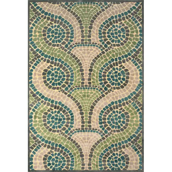 8' Tan Blue and Green Geometric Power Loom Runner Rug Photo 6