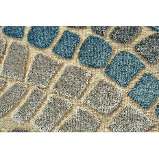 8' Tan Blue and Green Geometric Power Loom Runner Rug Photo 5