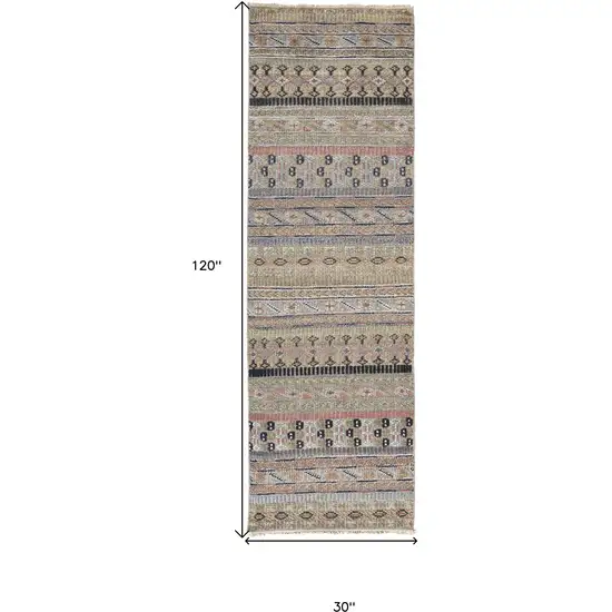 10' Tan Blue and Orange Striped Hand Knotted Runner Rug Photo 3