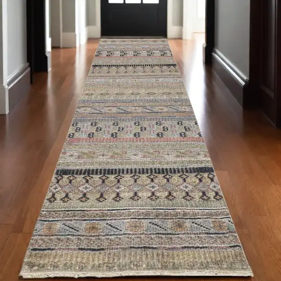 10' Tan Blue and Orange Striped Hand Knotted Runner Rug Photo 1