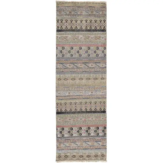 10' Tan Blue and Orange Striped Hand Knotted Runner Rug Photo 2