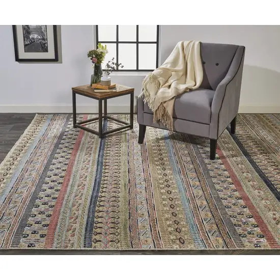 10' Tan Blue and Orange Striped Hand Knotted Runner Rug Photo 9