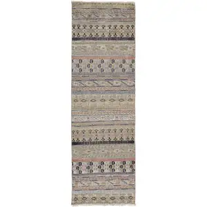 Photo of 8' Tan Blue and Orange Striped Hand Knotted Runner Rug