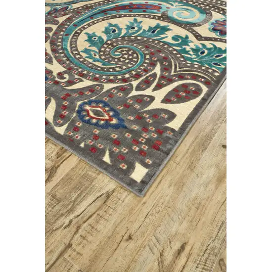 8' Tan Blue and Taupe Paisley Power Loom Runner Rug Photo 7