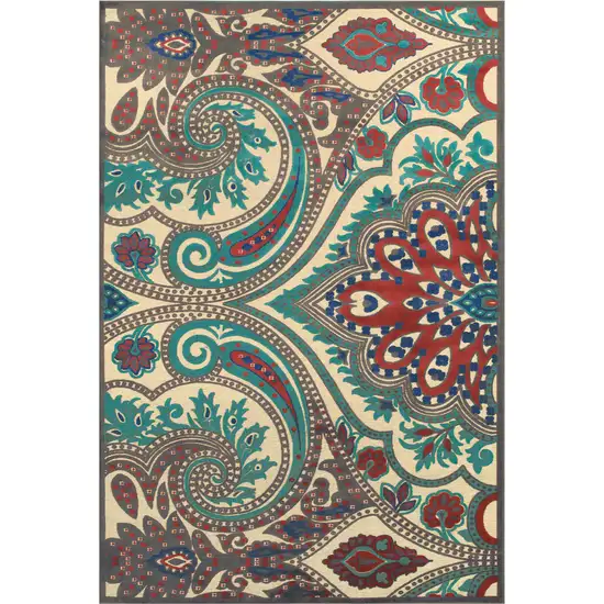 8' Tan Blue and Taupe Paisley Power Loom Runner Rug Photo 2