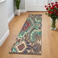 Photo of 8' Tan Blue and Taupe Paisley Power Loom Runner Rug