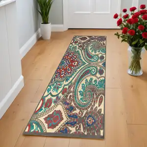 Photo of 8' Tan Blue and Taupe Paisley Power Loom Runner Rug