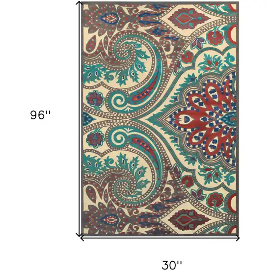 8' Tan Blue and Taupe Paisley Power Loom Runner Rug Photo 3