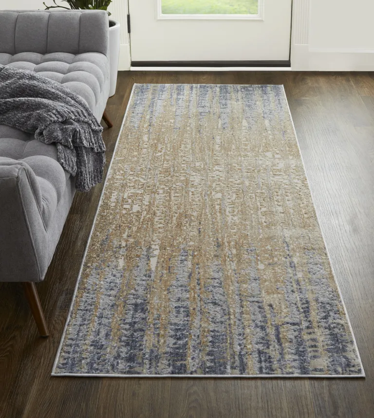 10' Tan Brown And Blue Abstract Power Loom Distressed Runner Rug Photo 4