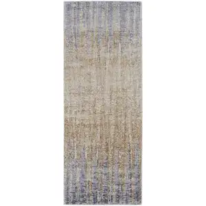 Photo of 10' Tan Brown And Blue Abstract Power Loom Distressed Runner Rug