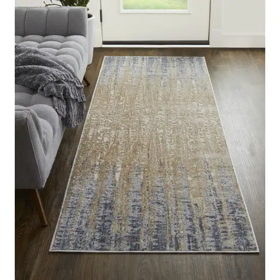 8' Tan Brown And Blue Abstract Power Loom Distressed Runner Rug Photo 4