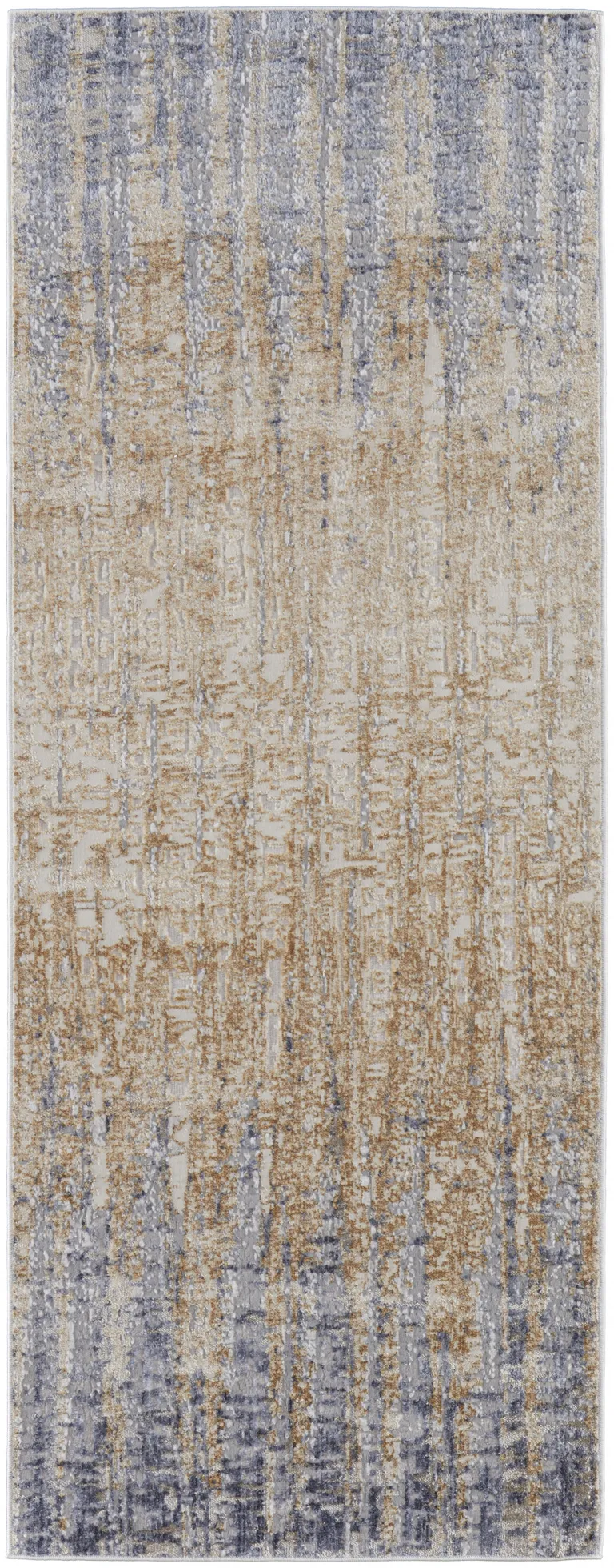 8' Tan Brown And Blue Abstract Power Loom Distressed Runner Rug Photo 1