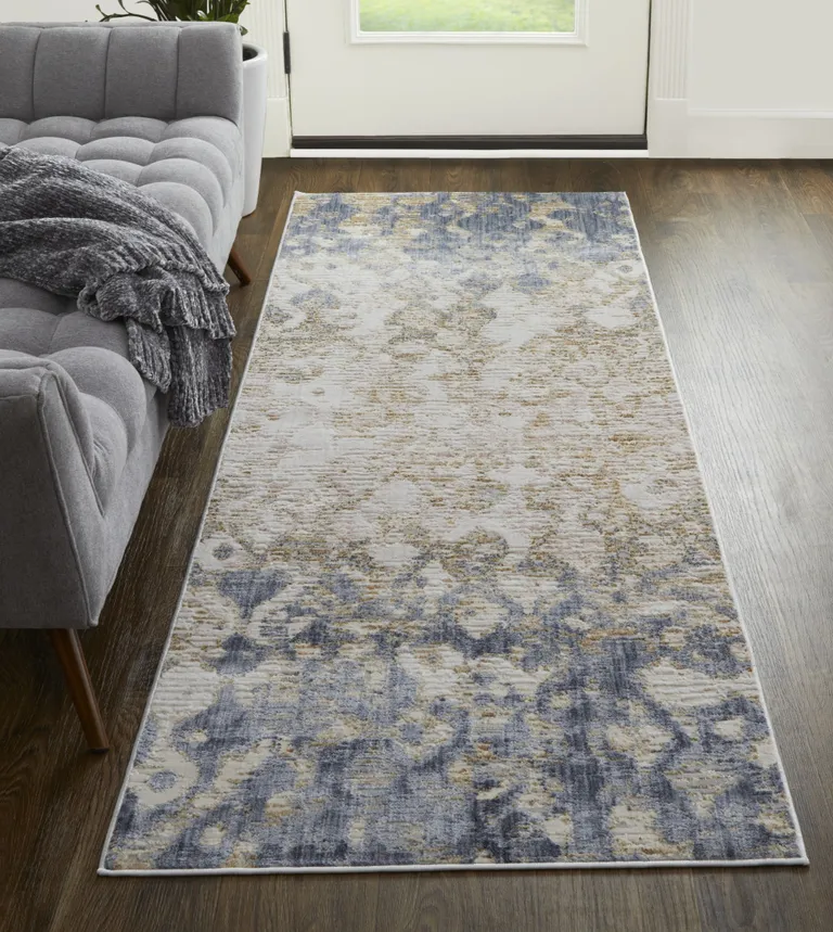 8' Tan Ivory And Blue Abstract Power Loom Distressed Runner Rug Photo 4