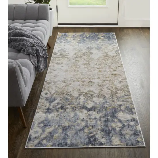 8' Tan Ivory And Blue Abstract Power Loom Distressed Runner Rug Photo 4