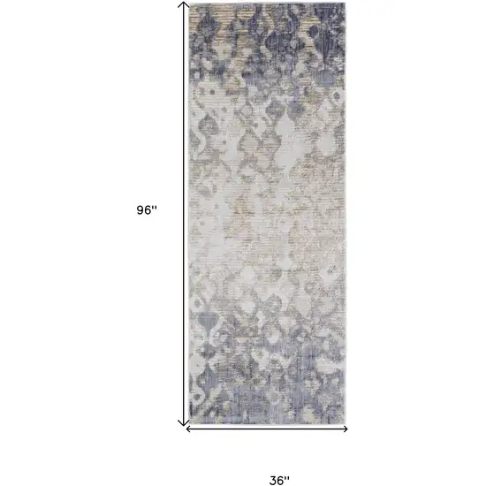 8' Tan Ivory And Blue Abstract Power Loom Distressed Runner Rug Photo 7