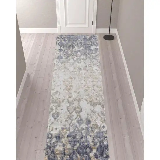 12' Tan Ivory And Blue Abstract Power Loom Distressed Runner Rug Photo 2